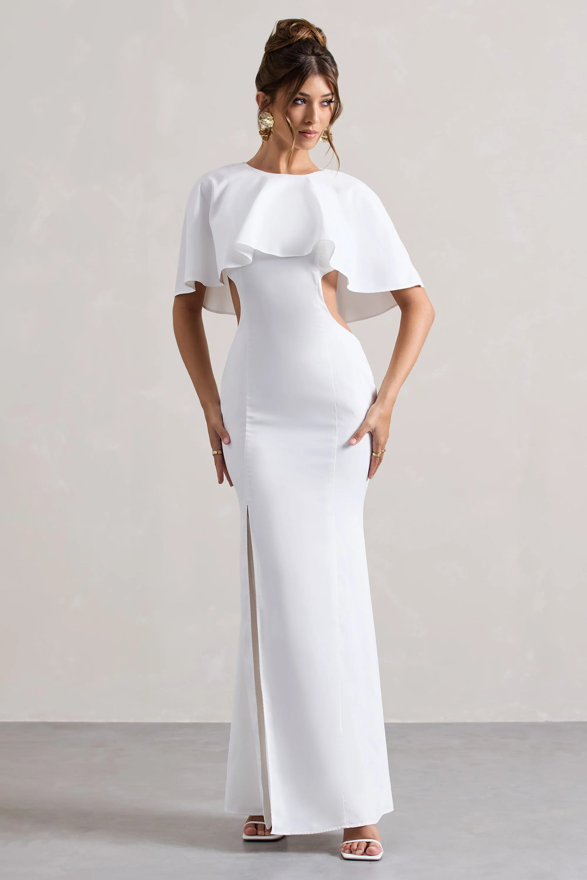 Isadora  Ivory Cut-Out Split Maxi Dress With Cape | Club L London