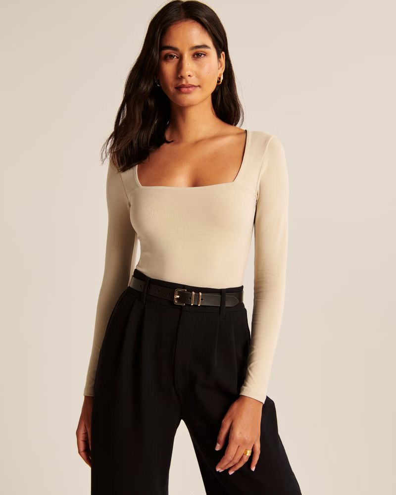 Long-Sleeve Cotton Seamless Fabric Squareneck Bodysuit | Abercrombie & Fitch (US)