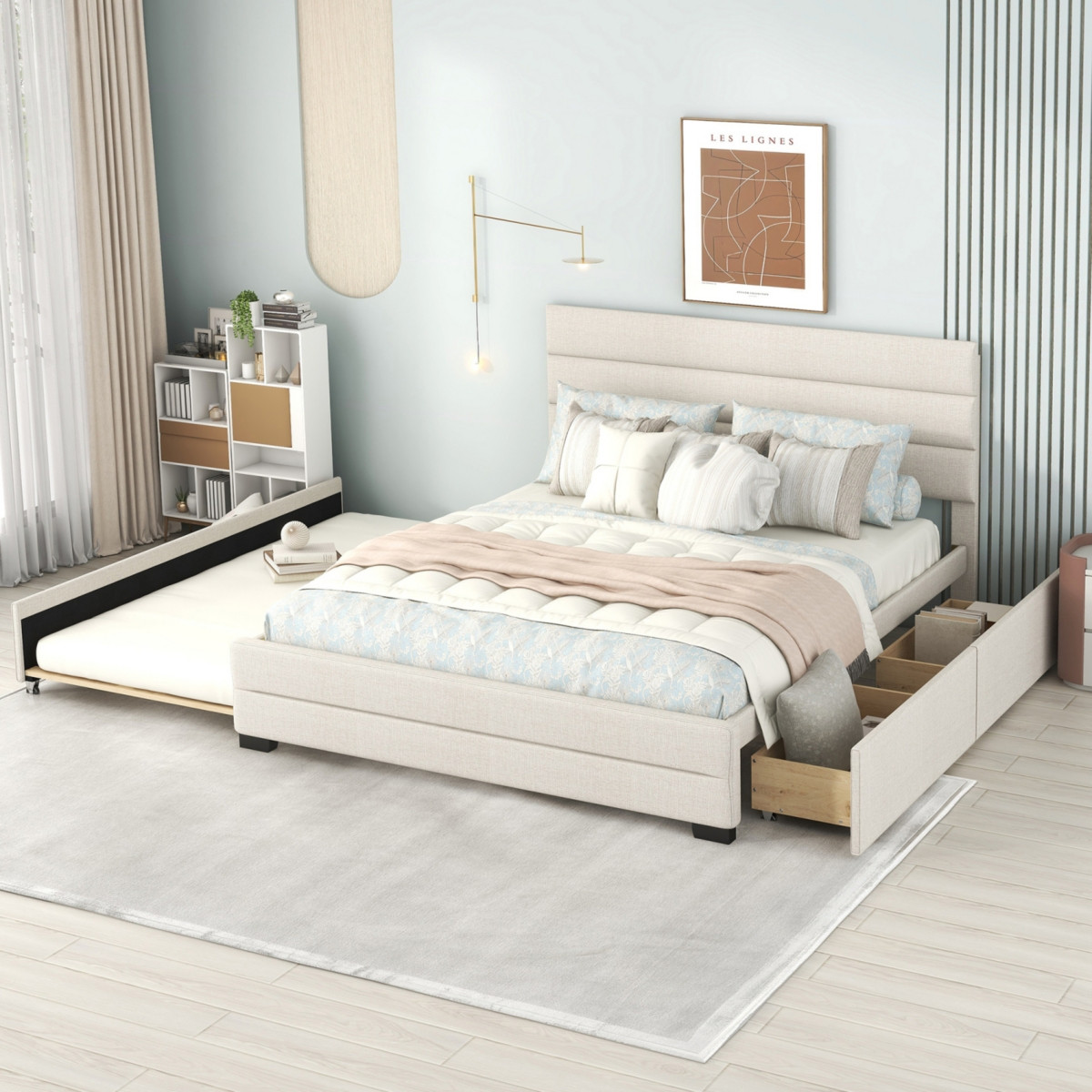 Streamdale Queen Upholstered Platform Bed With Twin Size Trundle And Two Drawers - Beige | Macy's