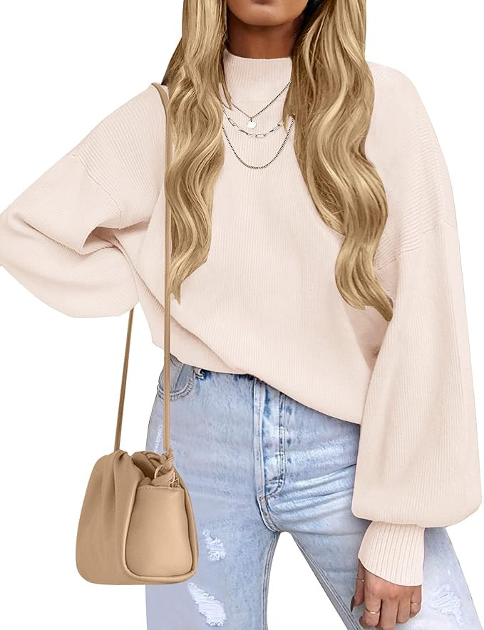 ZESICA Women's 2024 Casual Turtleneck Long Lantern Sleeve Oversized Ribbed Knit Pullover Sweater ... | Amazon (US)