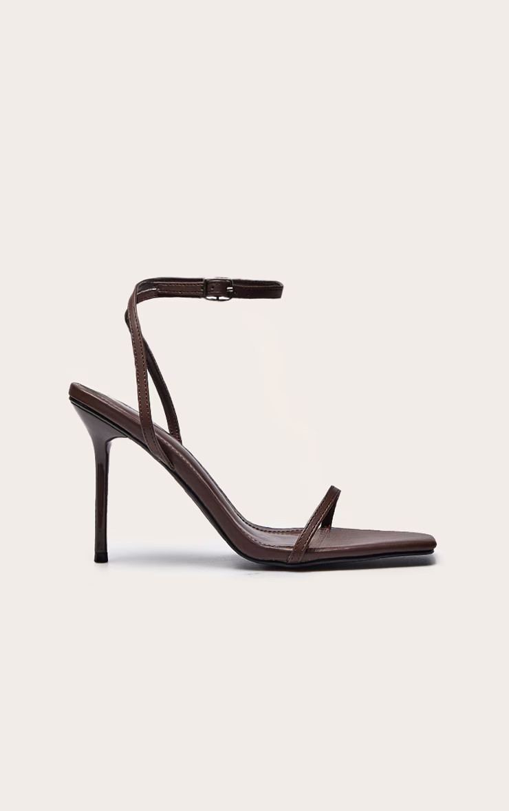 Chocolate Pu Square Toe Barley There High Heeled Sandals | PrettyLittleThing UK
