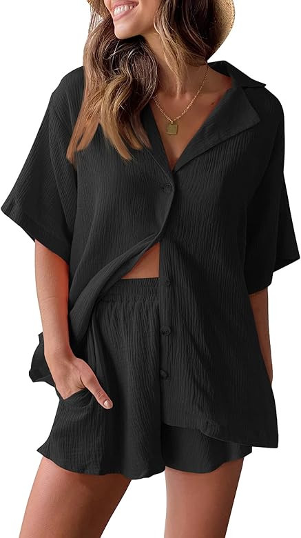 AUTOMET 2 Piece Outfits For Women Lounge Sets Pajama Sets Long Sleeve Button Down Oversized Shirts A | Amazon (US)