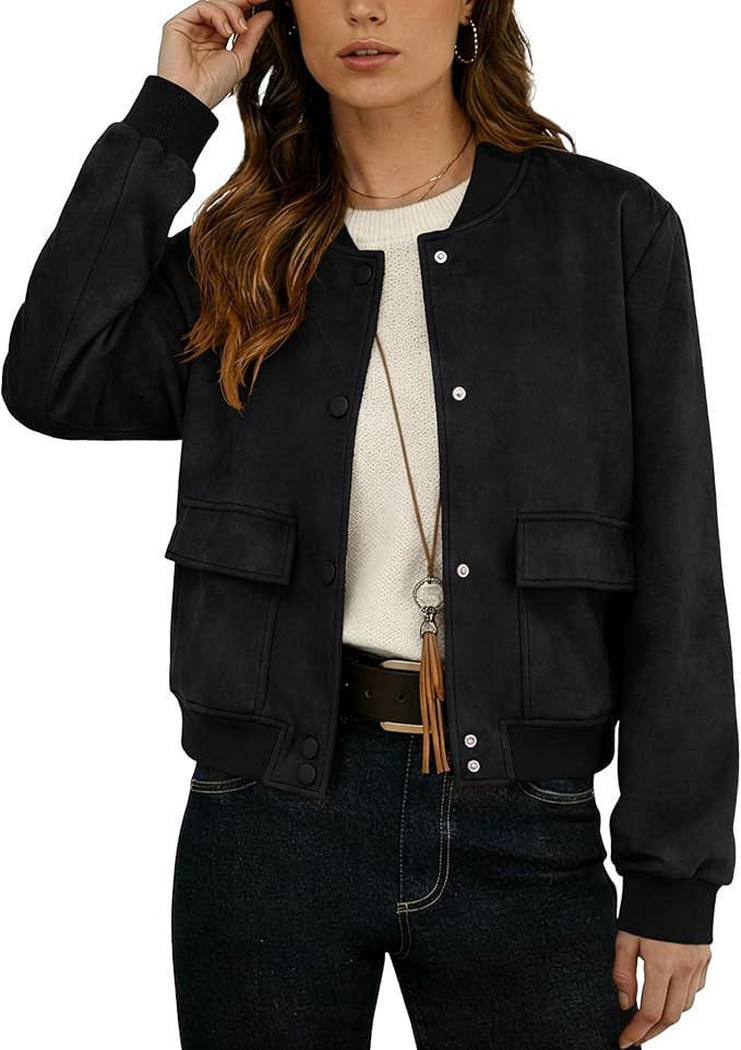GRECERELLE Womens Faux Suede Leather Bomber Jacket Cropped Button Down Long Sleeve Casual Varsity... | Amazon (US)
