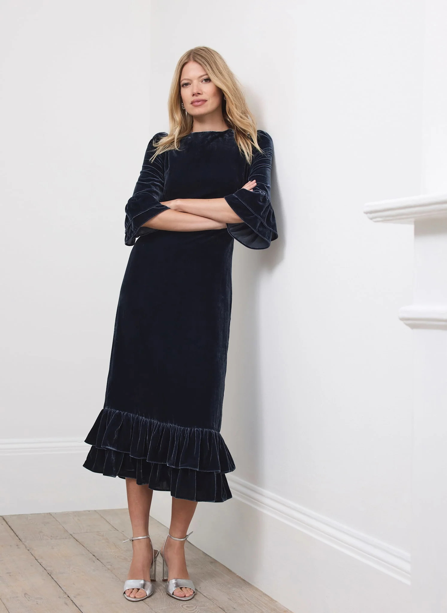 Navy Velvet Ruffle Midi Dress | Mint Velvet
