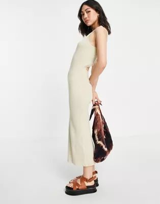 Pretty Lavish Billie cut-out rib knit midi dress in beige | ASOS (Global)