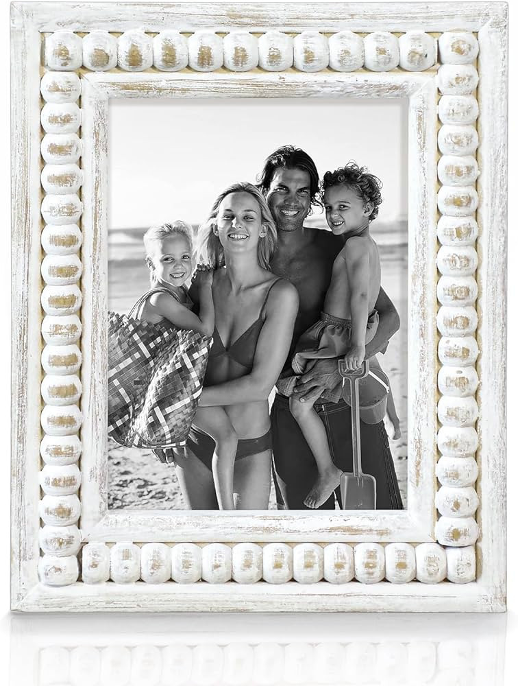 Whitewashed Wood Beaded 5x7 Picture Frame - Farmhouse Style Rustic Picture Frame, Boho Picture Fr... | Amazon (US)