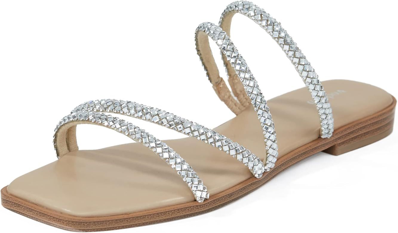 vodvob Women's Rhinestone Flat Sandals Slip on Memory Foam Sandals Open Toe Slide Sandals | Amazon (US)