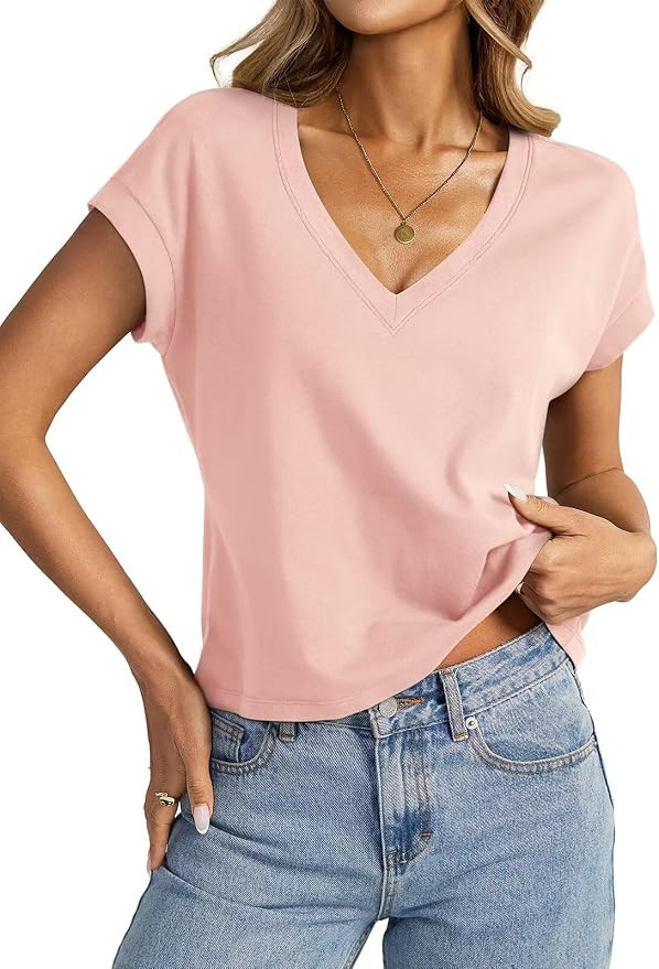 EasyGala Womens Cap Sleeve Crop Tops Cotton V Neck T Shirt Boxy Loose Fit Short Sleeves Tee Summe... | Amazon (US)