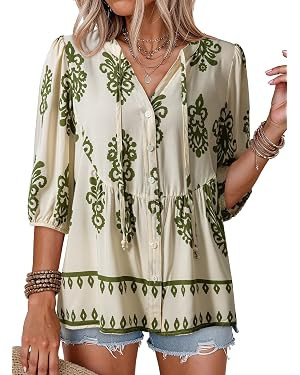 Dokotoo Womens Summer Tops Boho Floral Short Sleeve Button Down V Neck Peplum Babydoll Casual Loo... | Amazon (US)