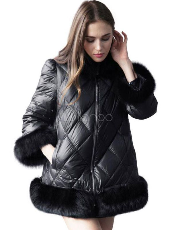 Black Quilted Jacket Long Sleeve Faux Fur Collar Coat Women Winter Coat | Milanoo