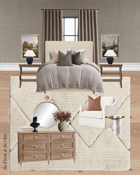 I love this neutral bedroom mood board! It is a high-low room with some pieces from Target and Etsy and some from Pottery Barn.
-
#neutralbedroomdecor #moroccanrug #offwhitebed - Amazon Home - textured bubble ceramic vase - artificial branches - black large Grecian bust - white texture box McGee and Co - Studio McGee Threshold upholstered armchair - Moroccan rug - wood dresser - upholstered cream bed - wavy nightstands - printed throw pillows - black table lamp - vintage affordable art - digital printable art - marble and brass accent table - large round brass mirror - linen bedding duvet cover set - linen curtains Half Price Drapes - transitional bedroom - affordable bedroom decor - bedroom mood board 

#LTKsalealert #LTKhome