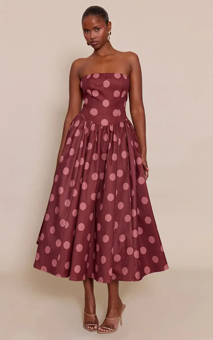 Dresses | Pink Woven Bandeau Ruched Skater Midaxi Dress | PrettyLittleThing | PrettyLittleThing US