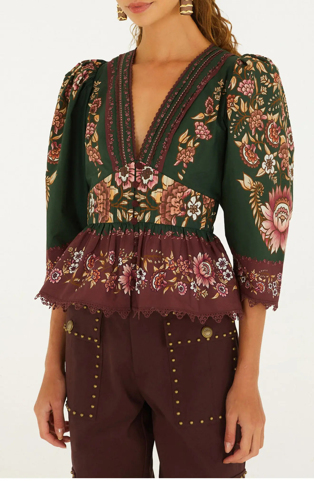 FARM Rio Daniela Floral Cotton Top in Daniela Green at Nordstrom, Size Xx-Small | Nordstrom
