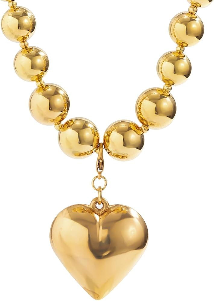 Chunky Puffy Heart Choker Necklace - Big Heart Pendant Adjustable Pearl Chain Heart Necklaces for... | Amazon (US)
