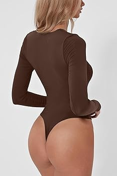 QINSEN Women's Sexy Square Neck Bodysuit Long Sleeve Double Shirt Tops | Amazon (US)