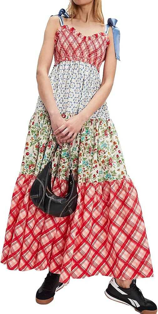 Women Floral Boho Sundress Tie Shoulder Smocked Patchwork Flowy Maxi Dresses with Pockets Summer ... | Amazon (US)
