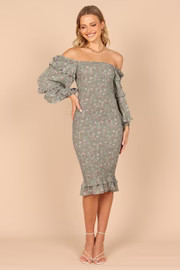 Bonita Shirred Frill Long Sleeve Bodycon Midi Dress - Sage Floral | Petal & Pup (US)