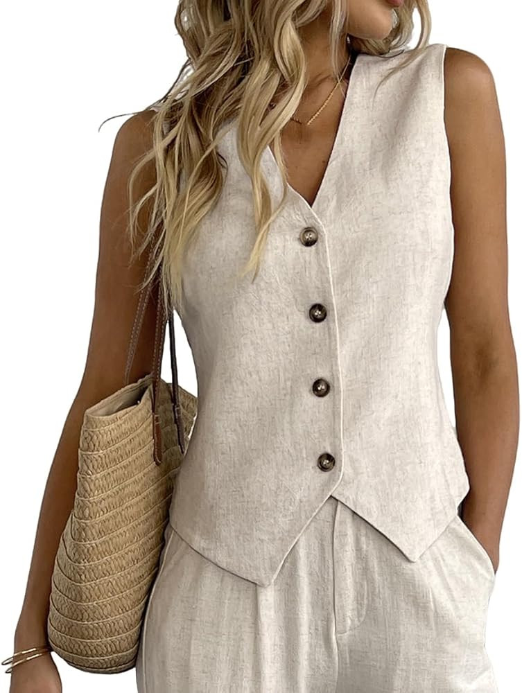 Women's Linen Vest V Neck Button Down Business Work Vacation Sleeveless Blazer Waistcoat Jacket | Amazon (US)