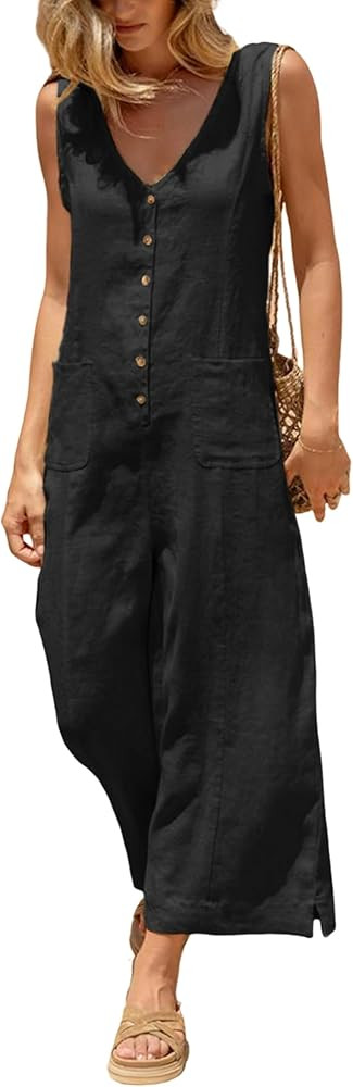 Yeokou Women Button Down Jumpsuits Cotton Linen Sleeveless Casual Wide Legs Rompers Loose Overall... | Amazon (US)
