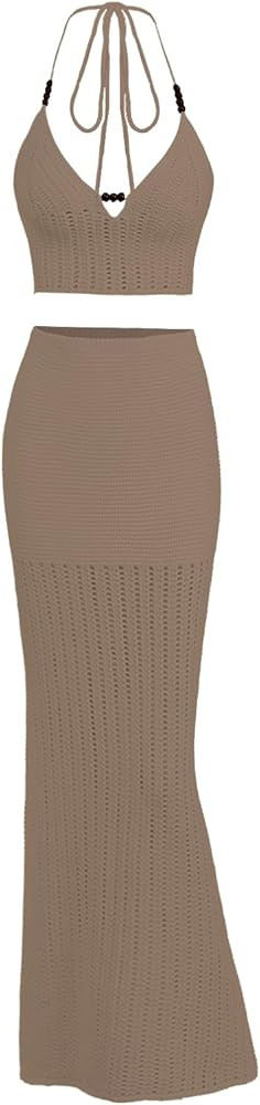 Women's Sexy Semi Sheer Mesh Faux Pearl Push Up Bustier Top and Ruched Maxi Skirt Set | Amazon (US)