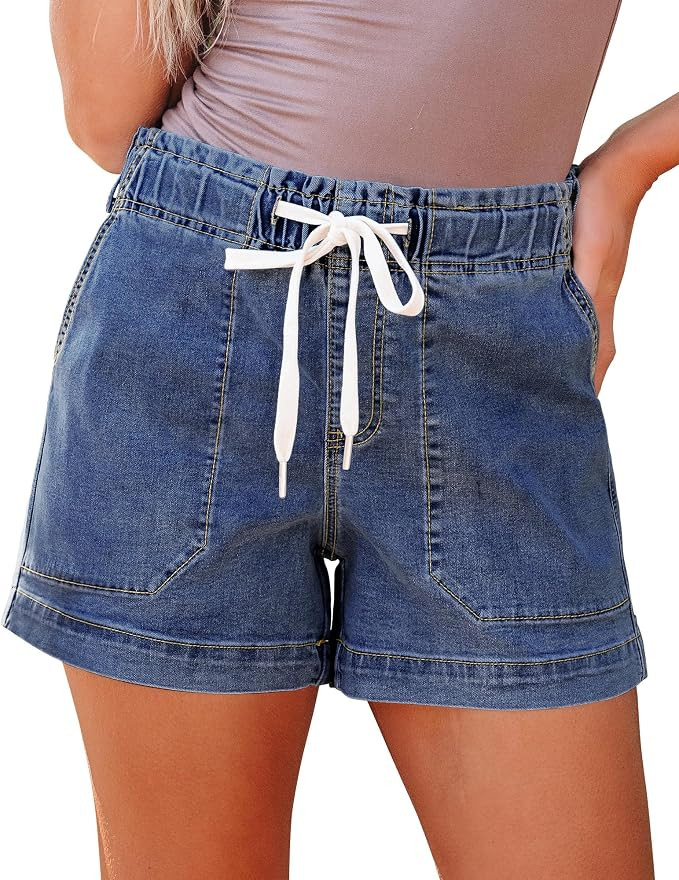 luvamia Jean Shorts for Women High Waisted Pull On Drawstring Elastic Waist Trendy Stretchy Denim... | Amazon (US)