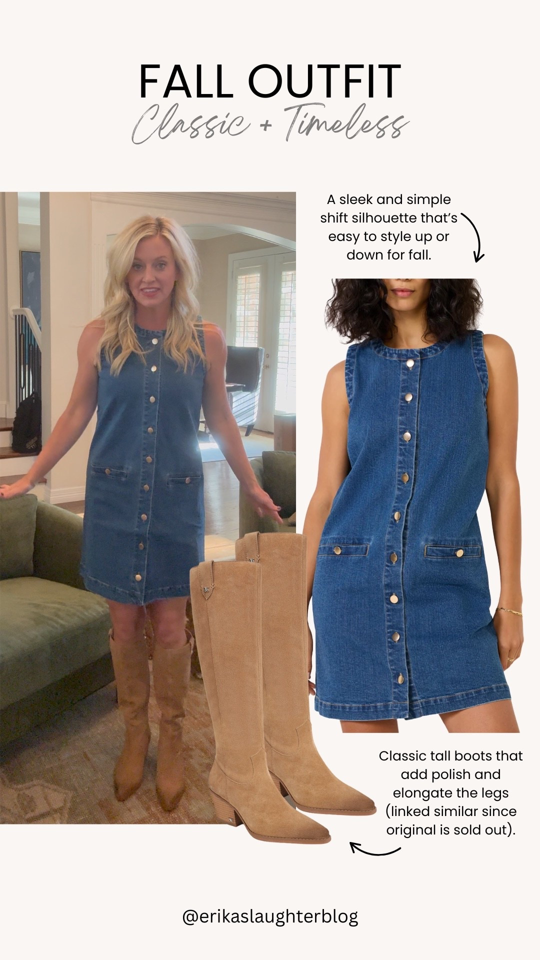 Classic, timeless, and so easy to wear.  A denim shift dress that you can style up or down, paired with tall boots that elongate the legs (linked similar since the original is sold out). Effortless fall chic that never goes out of style.

#FallOutfit #TimelessStyle #ClassicChic #ChicAndSimple #FallWardrobe #OutfitInspo #LTKFinds #FallFashion



#LTKSeasonal #LTKStyleTip #LTKShoeCrush