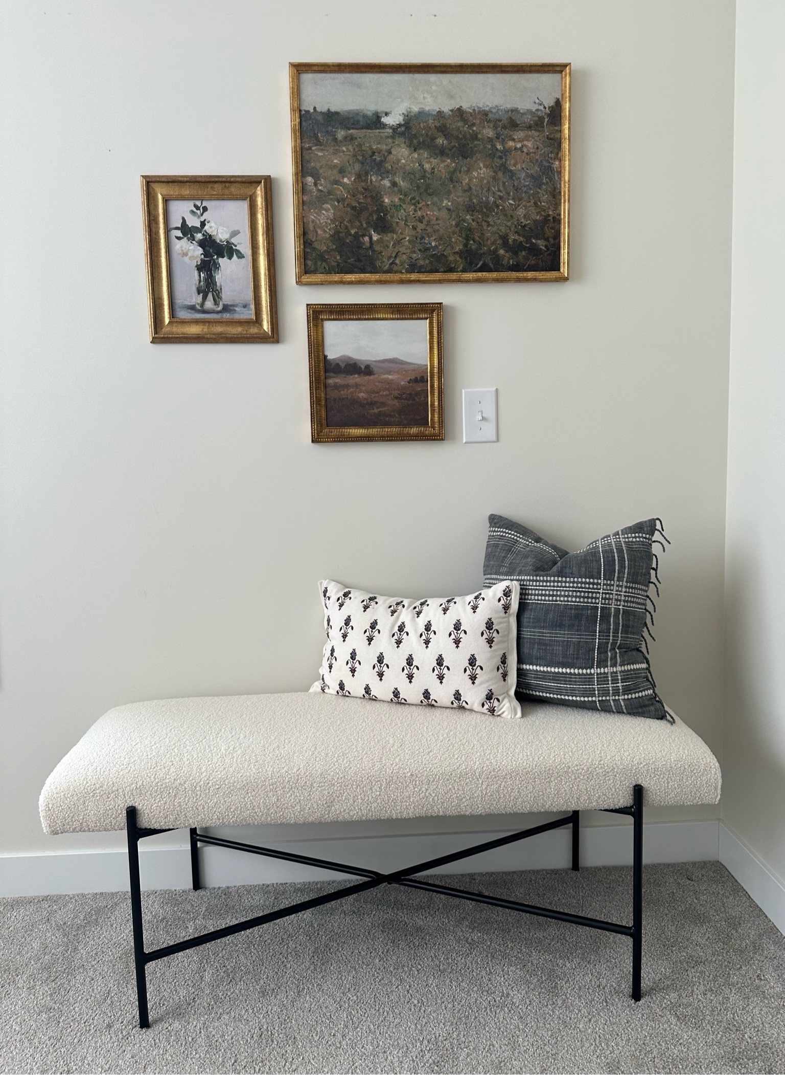 Small bench, boucle bench, wall art, small gallery wall, vintage art prints. Target home decor 

#LTKunder50 #LTKhome #LTKFind