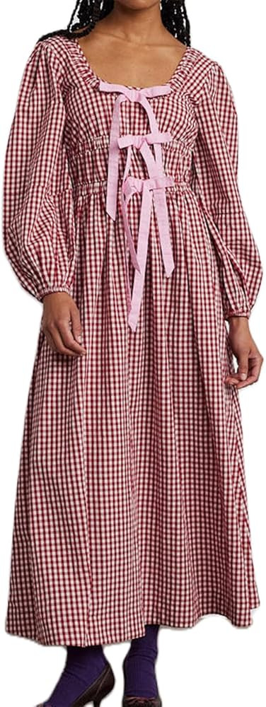 Women's 2024 Summer Boho Square Neck Front Bow Midi Dress Puff Long Sleeve Plaid Ruffle Backlass ... | Amazon (US)