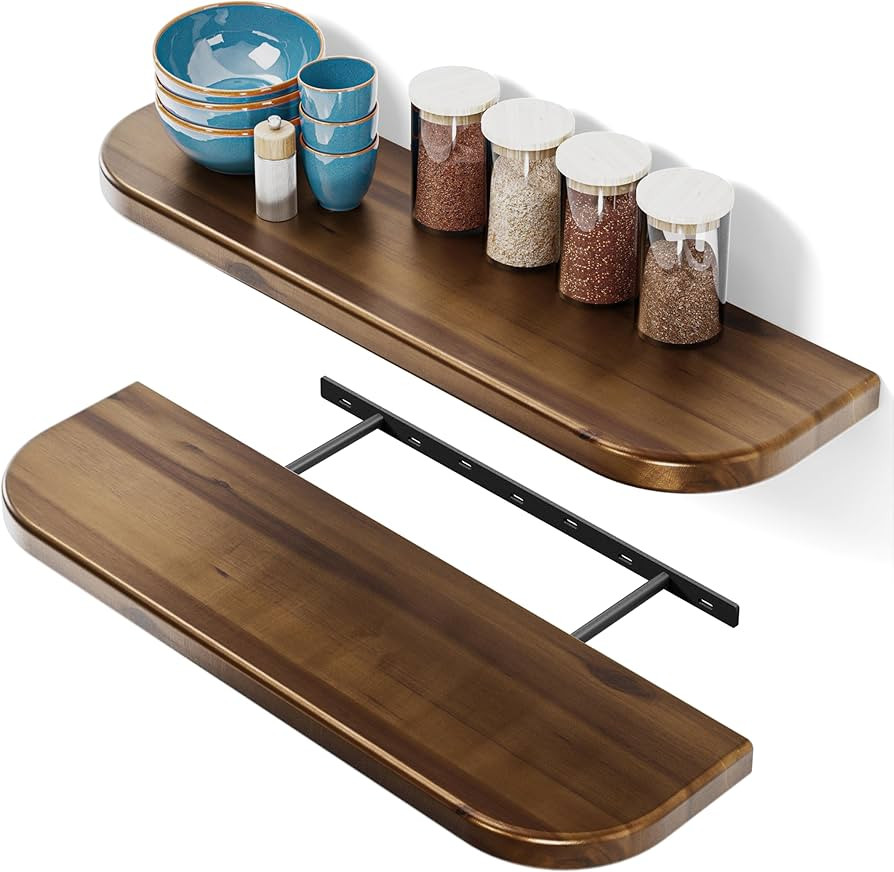 BATODA Set of 2 24” Acacia Floating Shelves for Wall (Round Edge) - Floating Bookshelf Wall - S... | Amazon (US)