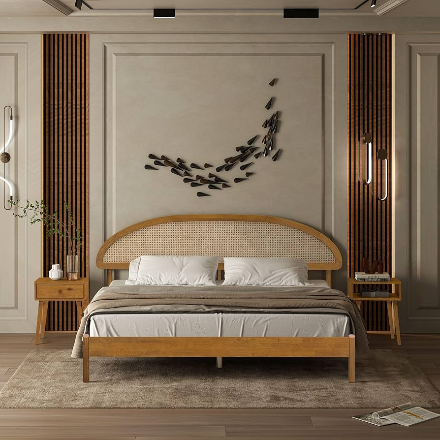 NTC Gem Wooden Bed Frame with Headboard and Natural Rattan, Solid Oak/Rubber Wood Foundation with... | Amazon (US)