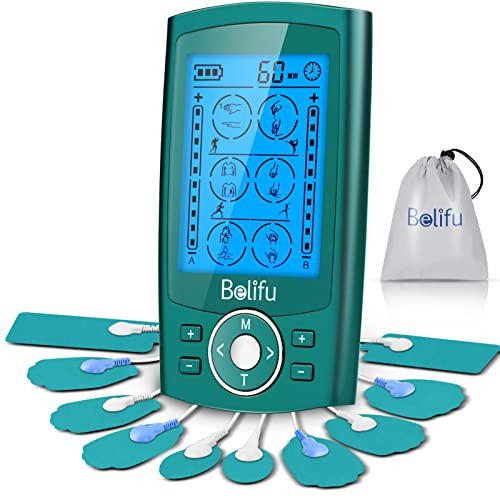 Belifu Dual Channel TENS EMS Unit 24 Modes Muscle Stimulator for Pain Relief Therapy, Electronic Pulse Massager Muscle Massager with 10 Pads, Dust-Proof Drawstring Storage Bag, Fastening Cable Ties | Amazon (US)