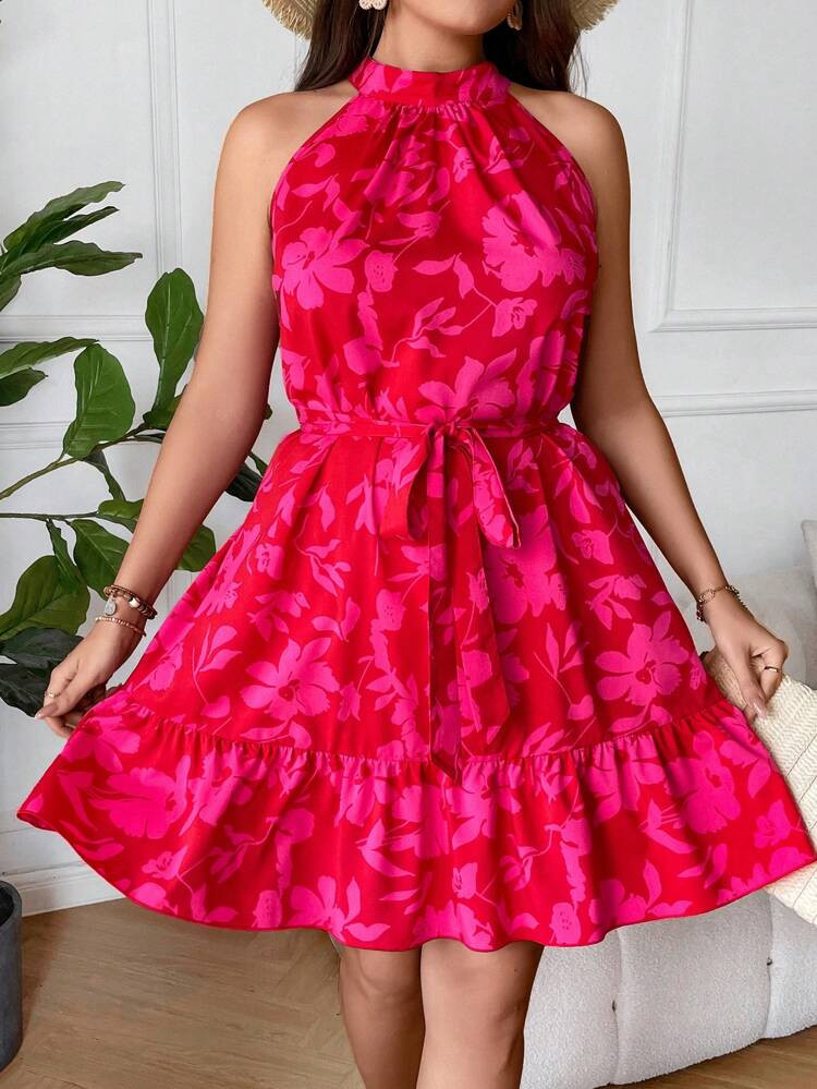 SHEIN privé Plus Floral Print Ruffle Hem Belted Halter Dress
       
              
            ... | SHEIN
