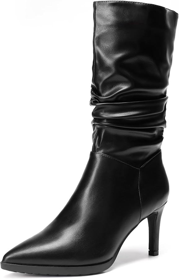 DREAM PAIRS Women's Mid Calf Slouchy Boots Pointed Toe Heeled Boots Zip Fashion Dressy Boot | Amazon (US)