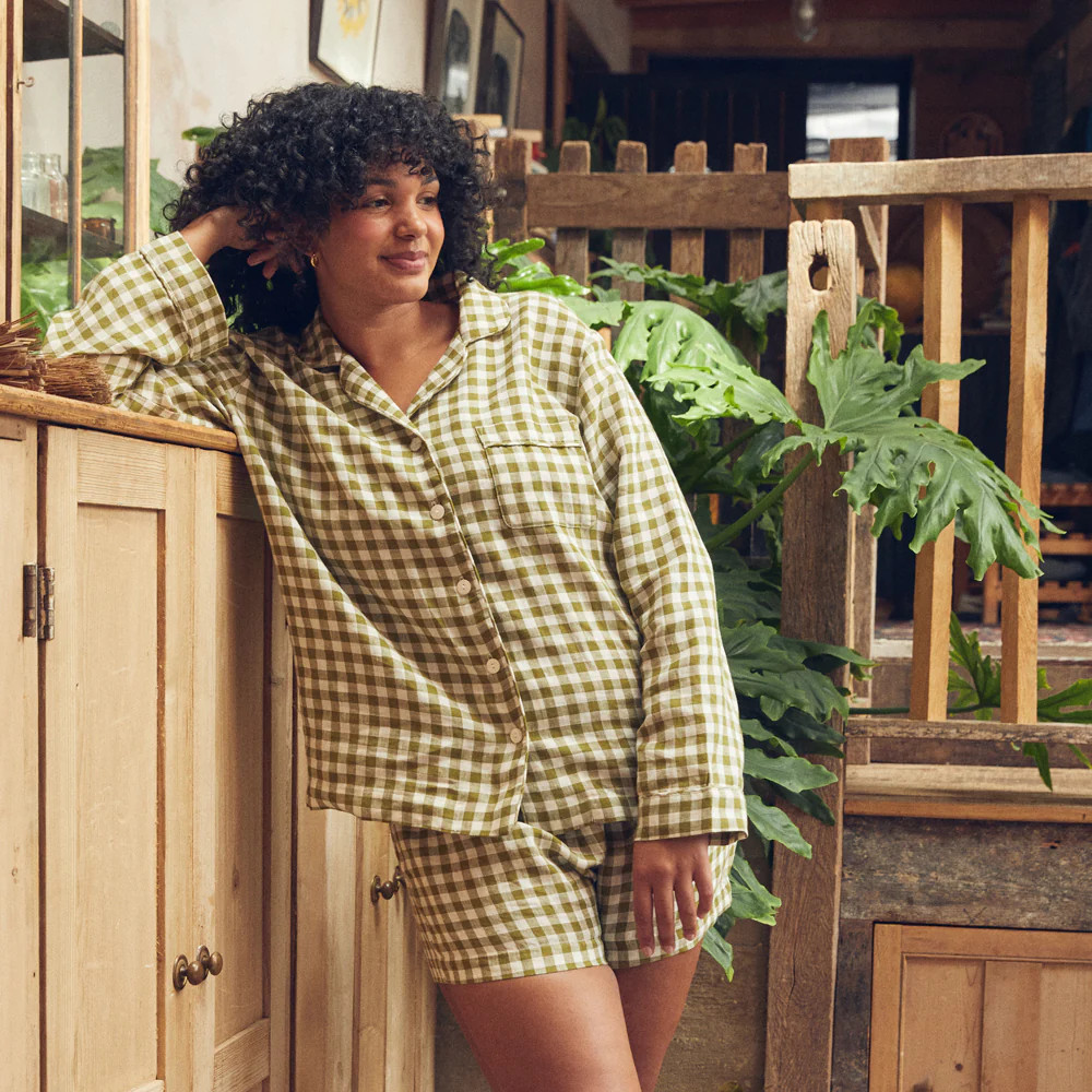 Botanical Green Gingham Linen Pyjama Shorts | Piglet