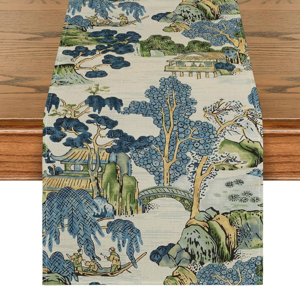 Artoid Mode Chinoiserie Vintage Style Mountain Fall Table Runner, Seasonal House Trees Kitchen Di... | Amazon (US)