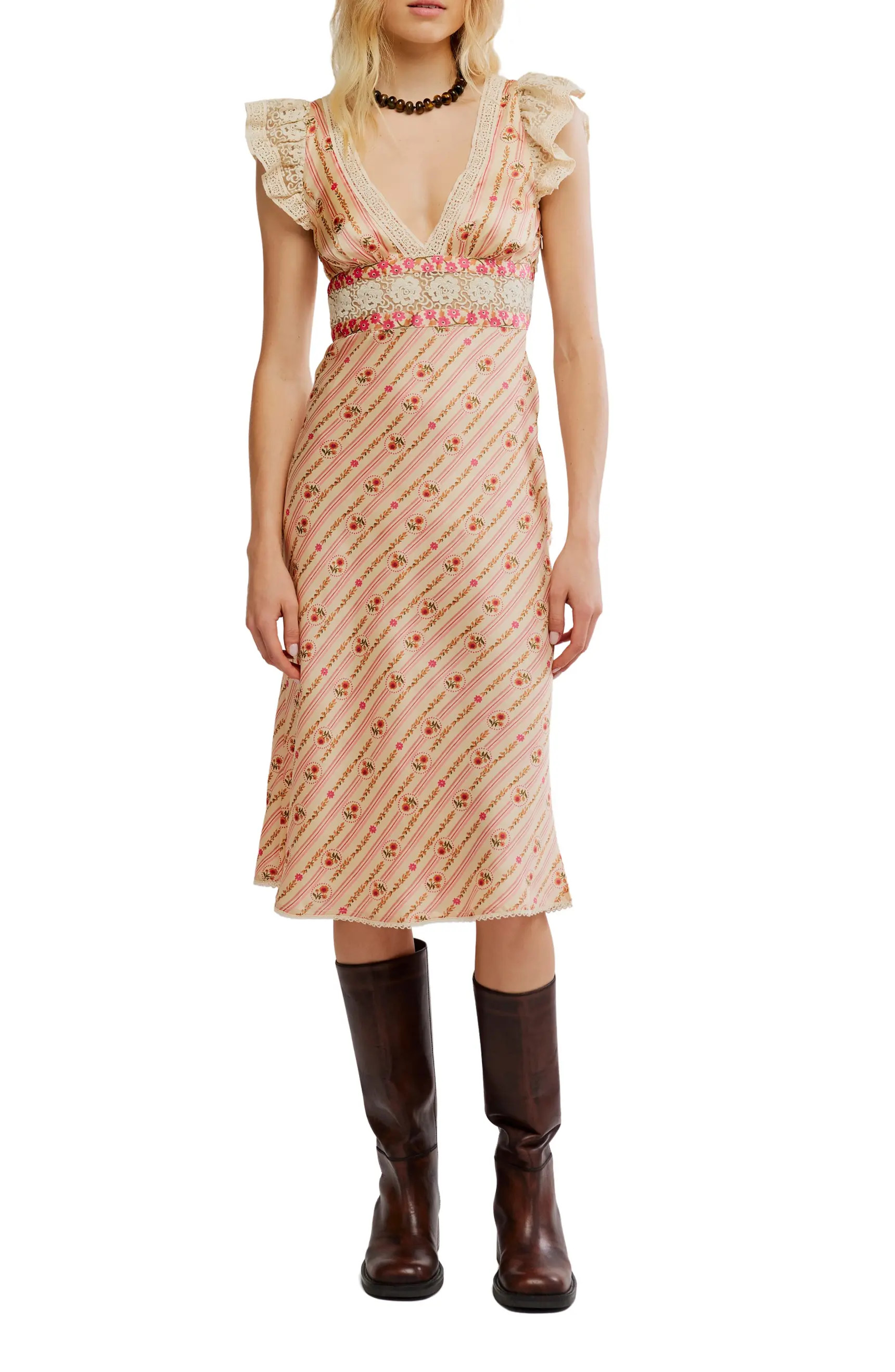 Bali Belle Floral Ruffle Satin Midi Dress | Nordstrom