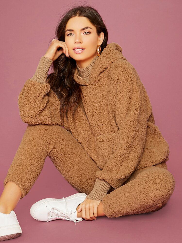 Pocket Front Teddy Hoodie and Drawstring Waist Joggers Set | SHEIN