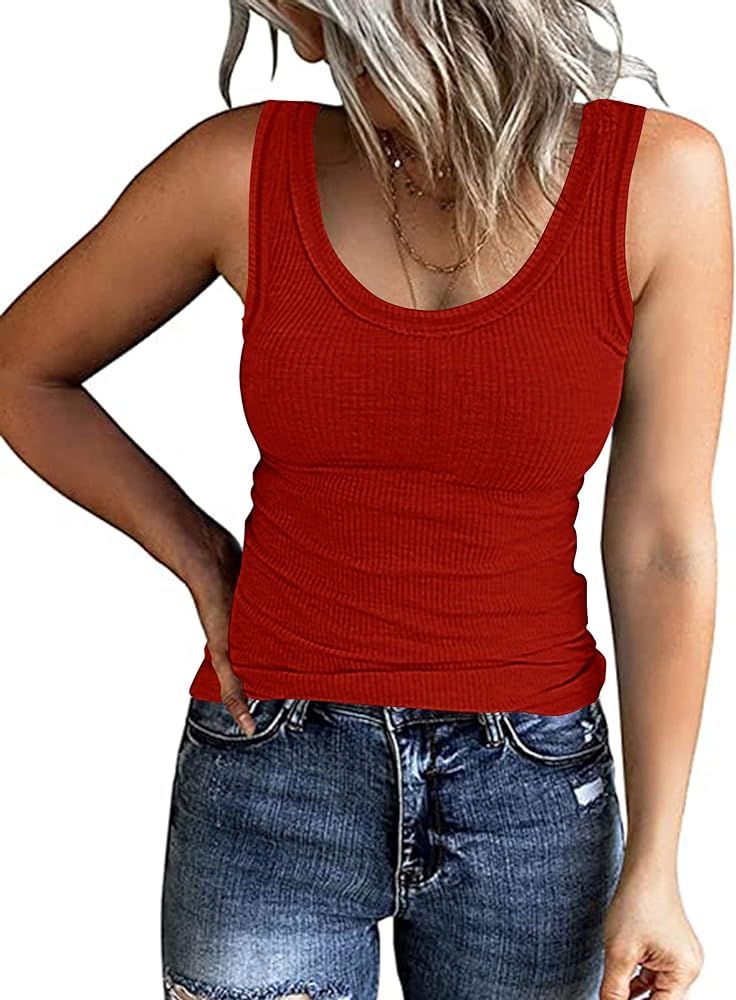 Roselux Womens Sleeveless Scoop Neck Ribbed Knit Fitted Tank Tops Basic Camis Tight Shirts | Amazon (US)