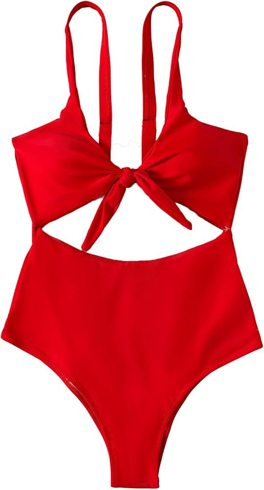 SweatyRocks Women's Knot Front Cut Out One Piece Swimsuit V Neck Bathing Suit | Amazon (US)