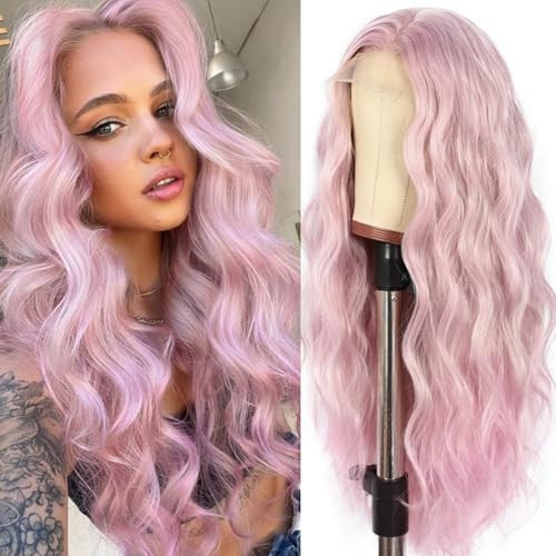 SAPPHIREWIGS 13×4 Synthetic Lace Front Wig Body Wave Heat Fiber Hair Lavender Color with Pink Tips Long Wavy Wigs for Women Half Hand Tied Made Halloween Cosplay Daily Uses 24 Inch | Amazon (US)