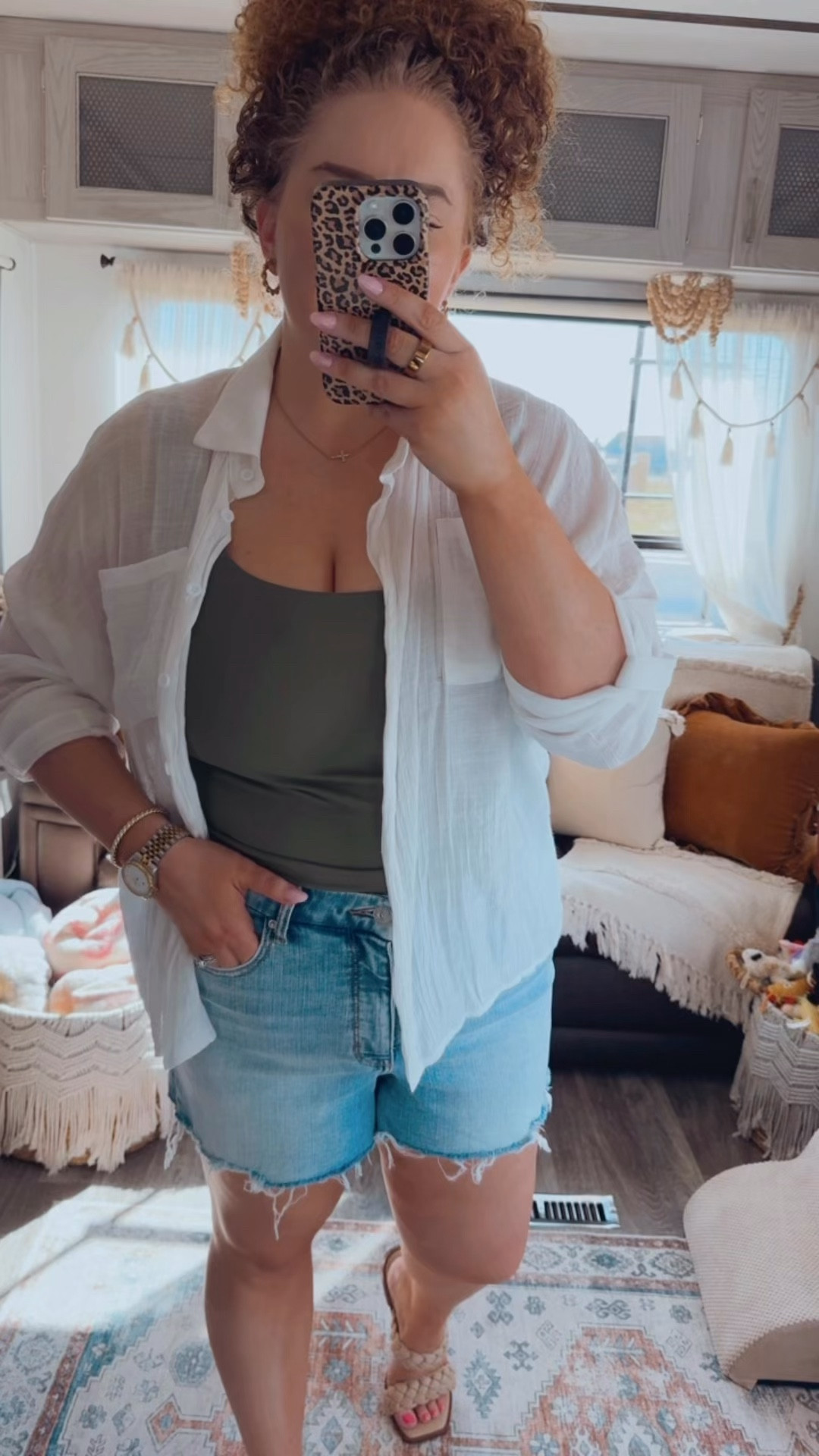 Okay this combo?? Sooo good for warm days ☀️ Light layers, easy pieces, and just feels like a cute effortless moment without trying too hard 🤩 had to link it for you🫶 summer outfit | spring to summer outfit | amazon fashion | amazon outfit | sheer white button down | white cover up shirt | lightweight layering | green tank outfit | basic tank outfit | denim shorts outfit | buckle denim shorts | casual everyday outfit | effortless style | comfy chic | warm weather outfit | vacation outfit | beach town outfit | coastal vibe | boho summer outfit | braided sandals outfit | neutral sandals | summer accessories | small purse outfit | amazon purse | easy outfit idea | mom outfit | travel outfit | weekend outfit | running errands outfit | laid back style | everyday essentials | affordable fashion | amazon finds

#LTKMidsize #LTKdayinmylife #LTKootd