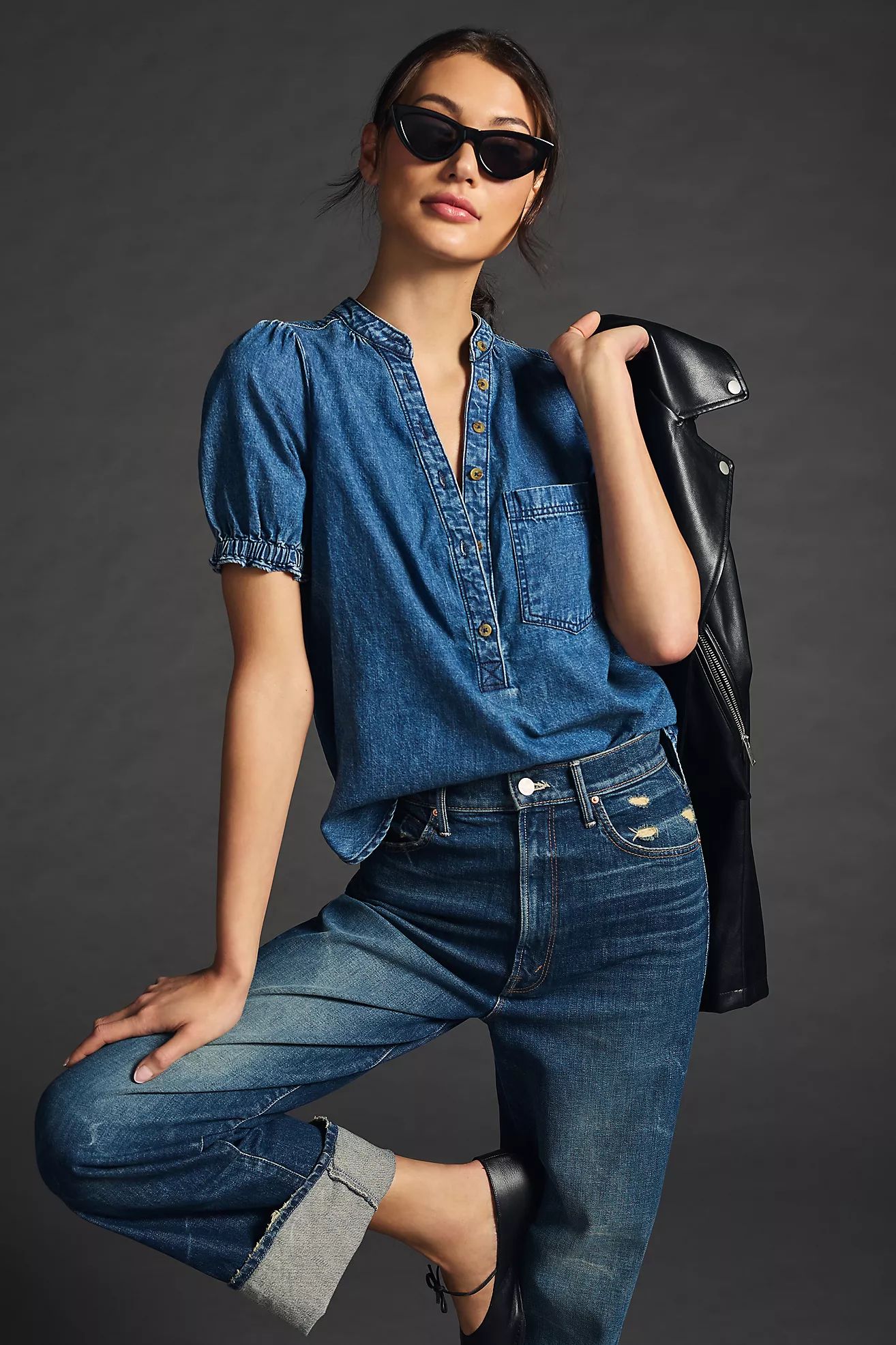 Aly Puff-Sleeve Blouse by Pilcro: Chambray Edition | Anthropologie (US)