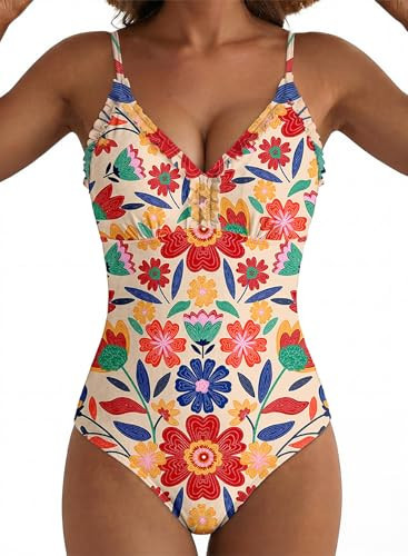 Aleumdr Women's Trendy 2026 One Piece Swimsuit Ruffle Trim Tummy Control Slimming Bathing Suit V Neck Full Coverage Summer Modest Swimwear YellÎow Floral X-Large | Amazon (US)