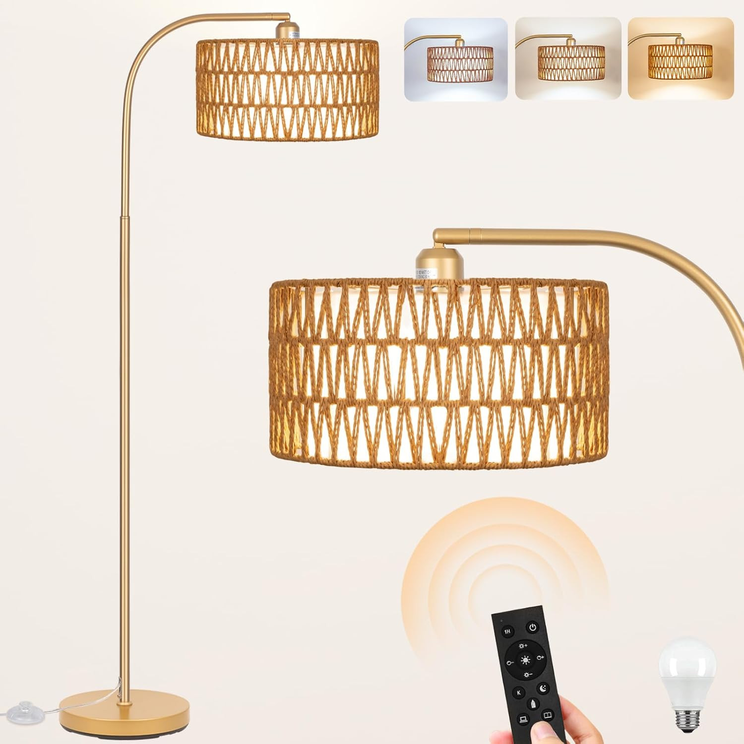 Gold Floor Lamps- Boho Floor Lamp for Room, Rattan Standing Lamps with Dimmable Bulb, Adjustable ... | Amazon (US)