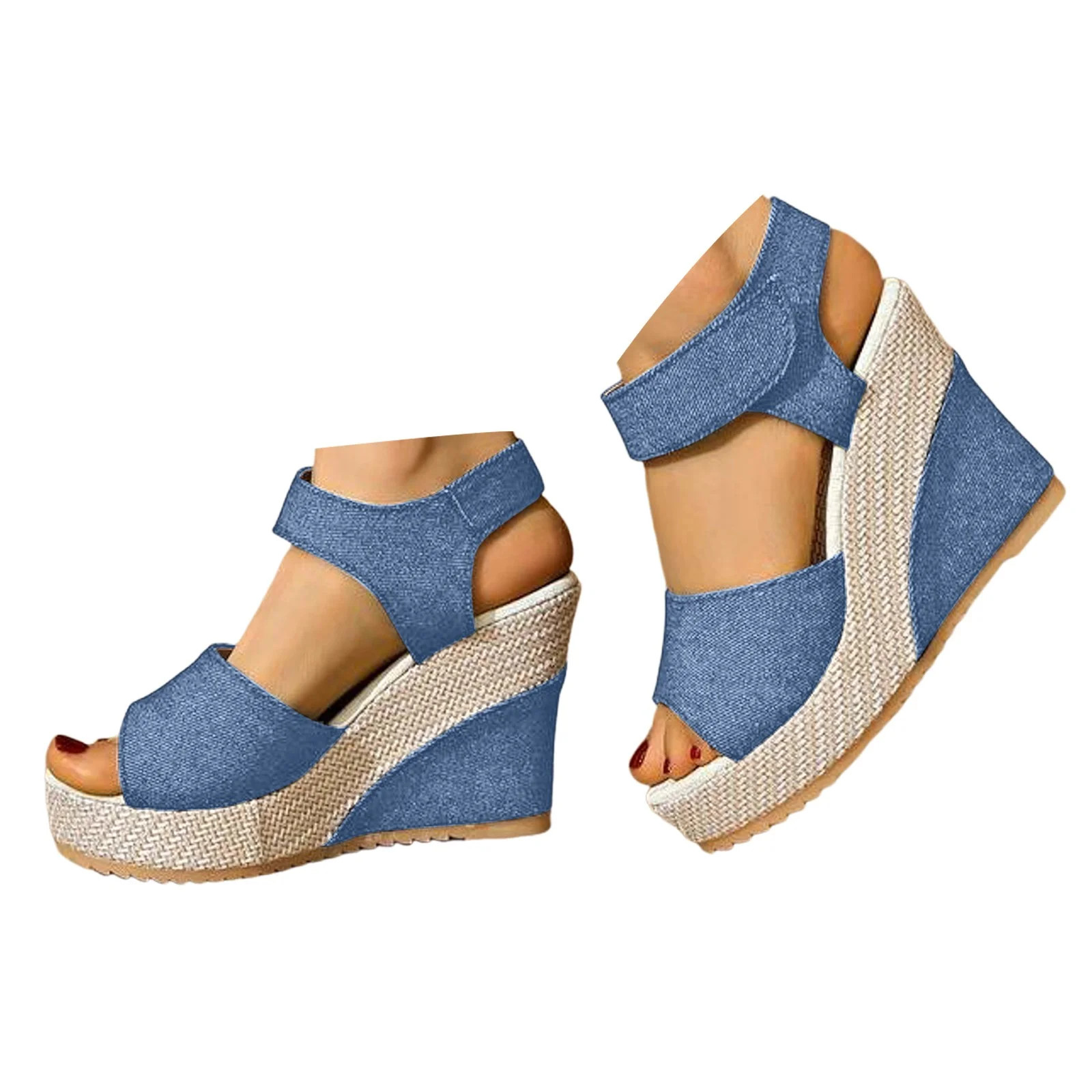 Dakaela Women's Platform Sandals Open Toe Espadrilles Wedges Dressy Shoes Ankle Strap Denim Slip ... | Walmart (US)