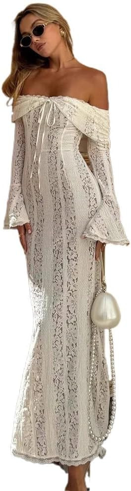 Autumn Elegant Off Shoulder Lace Maxi Dress White Women Long Sleeve Evening Party Dresses for Dat... | Amazon (US)