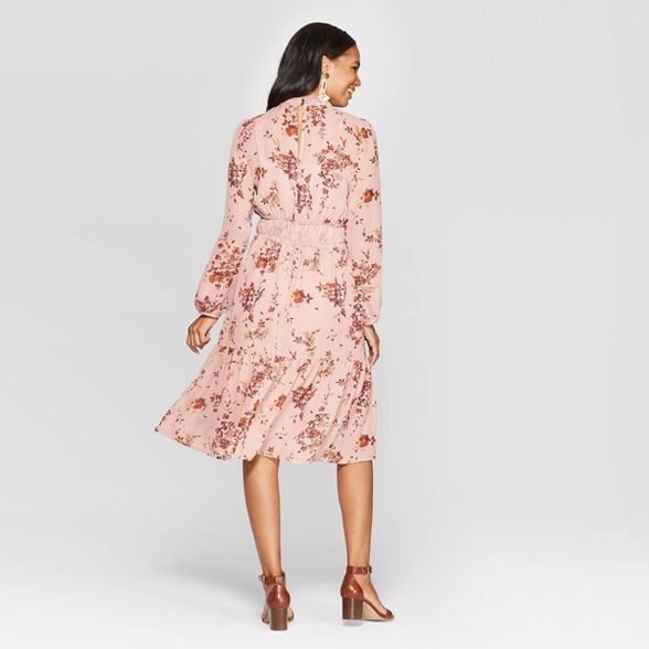 Women's Floral Print Long Sleeve Sheer High Neck Midi Dress - Xhilaration™ Rose | Target