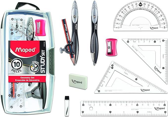 Maped Study Geometry 10 Piece Set, Includes 2 Metal Study Compasses, 2 Triangles, 6" Ruler, 4" Pr... | Amazon (US)