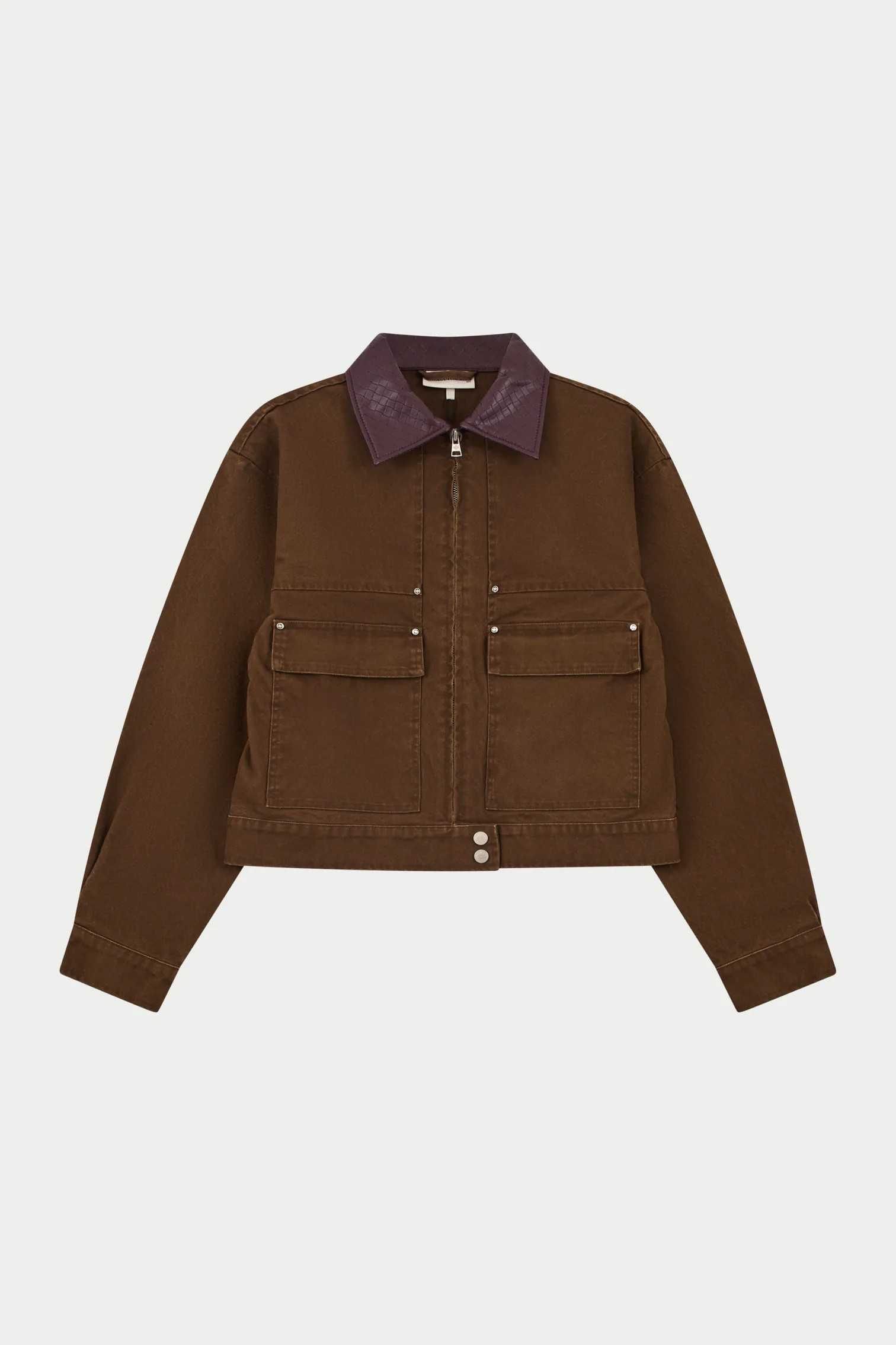 WASHED CONTRAST COLLAR TRUCKER JACKET - CHOCOLATE | The Couture Club