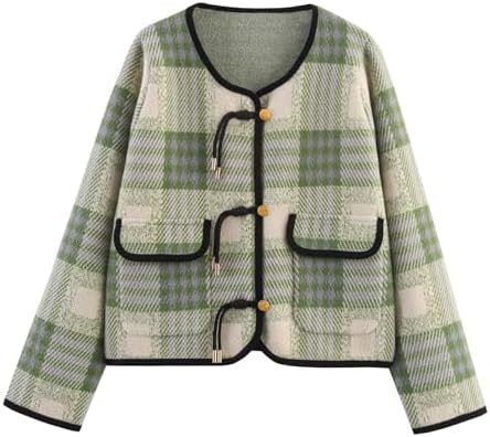 HOULENGS Women's Vintage Button Down Cardigan Sweater Plaid Print Long Sleeve Knit Coat Fall Fash... | Amazon (US)